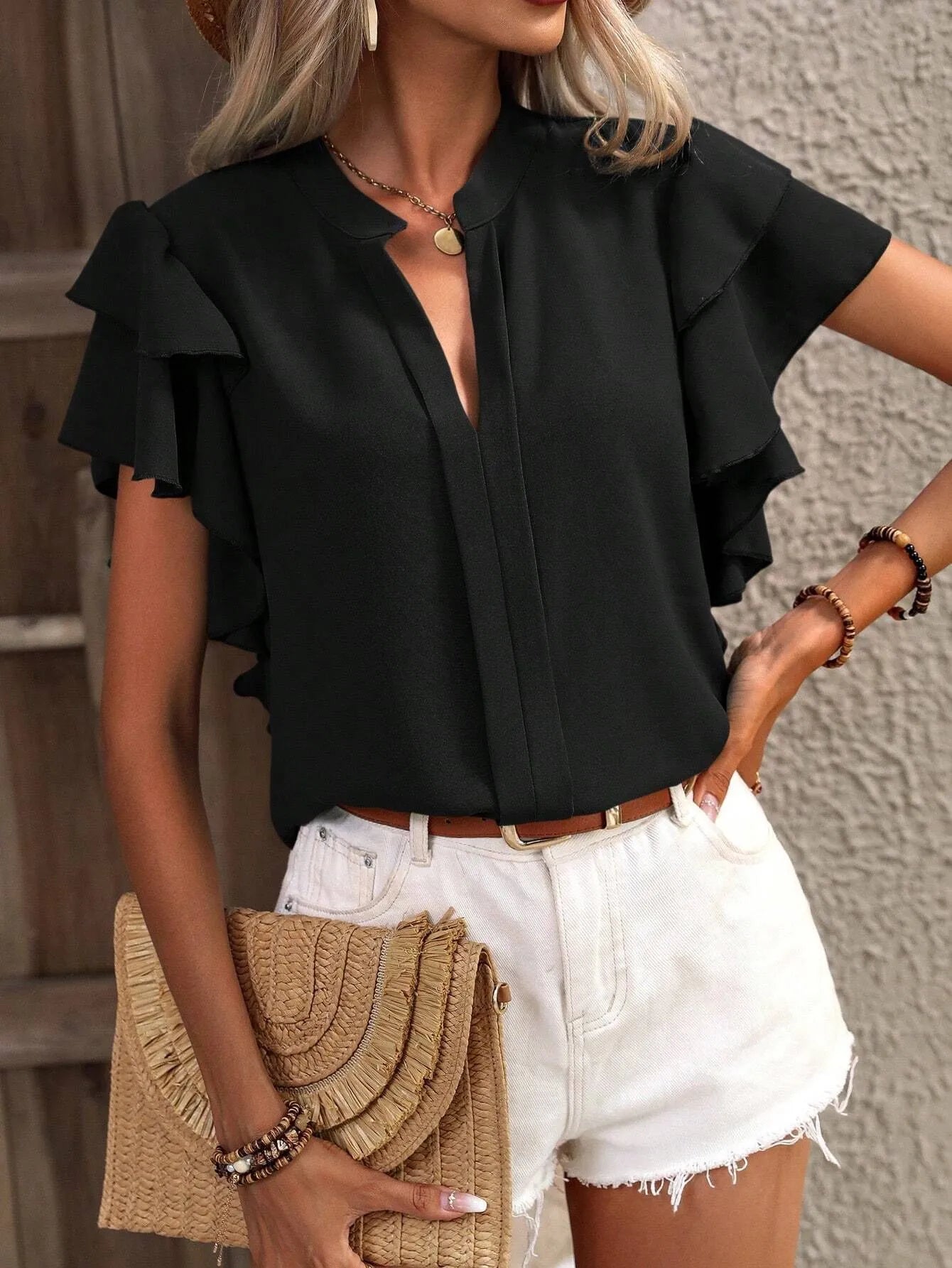 Ruffle Sleeve Notched Blouse OutfitFlow