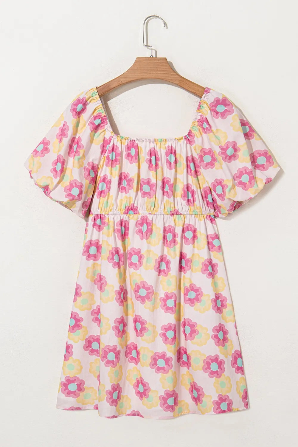 Floral Square Neck Puff Sleeve Pleated Flared Midi Dress OutfitFlow