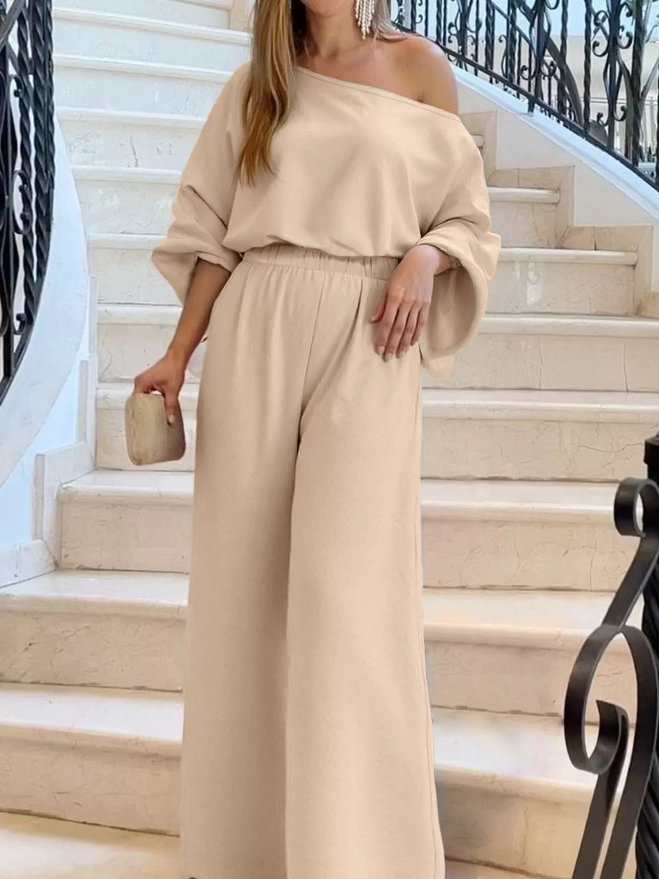 Plus Size One-Shoulder Top and Wide Leg Pants Set OutfitFlow