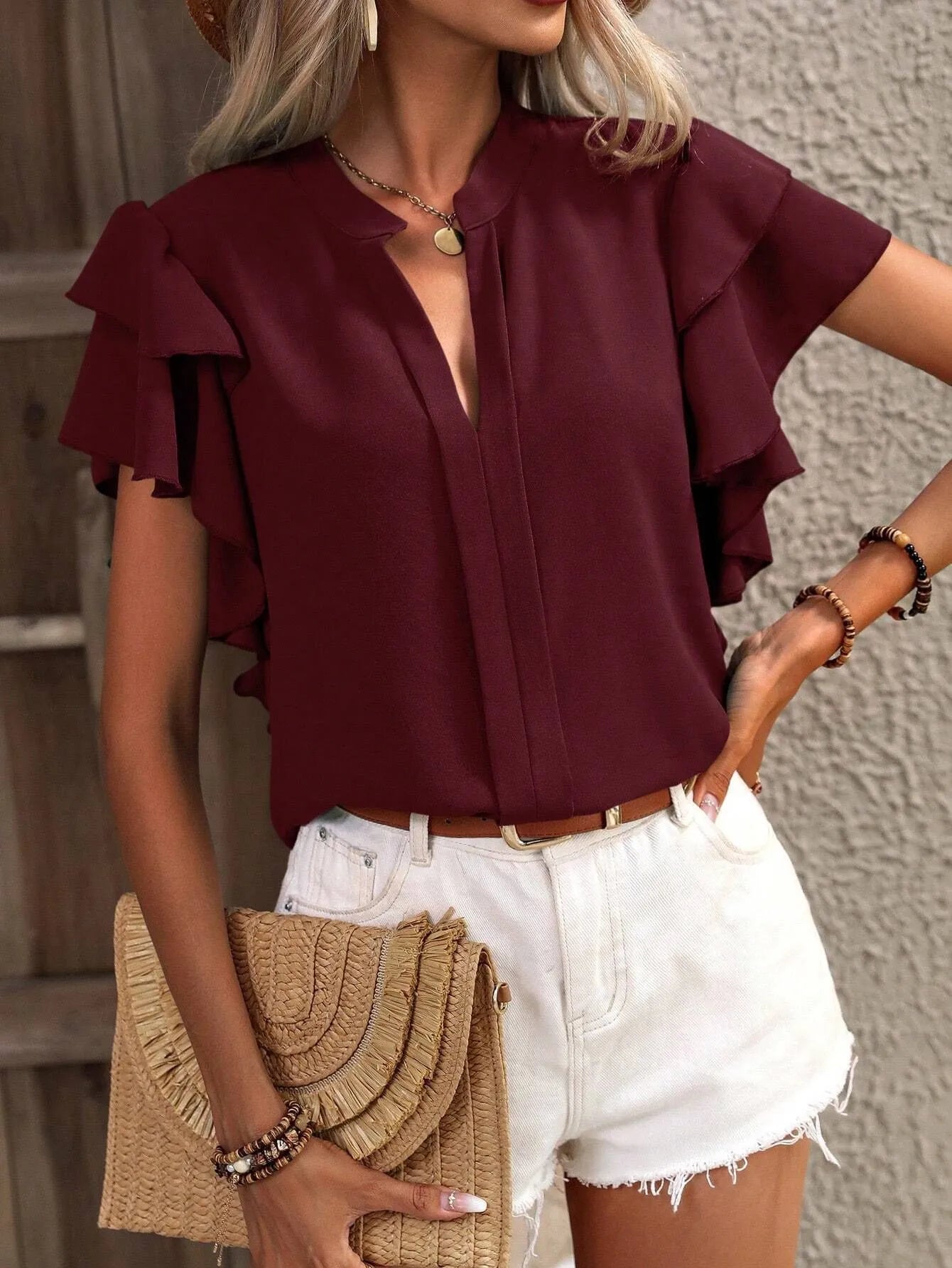 Ruffle Sleeve Notched Blouse Burgundy OutfitFlow