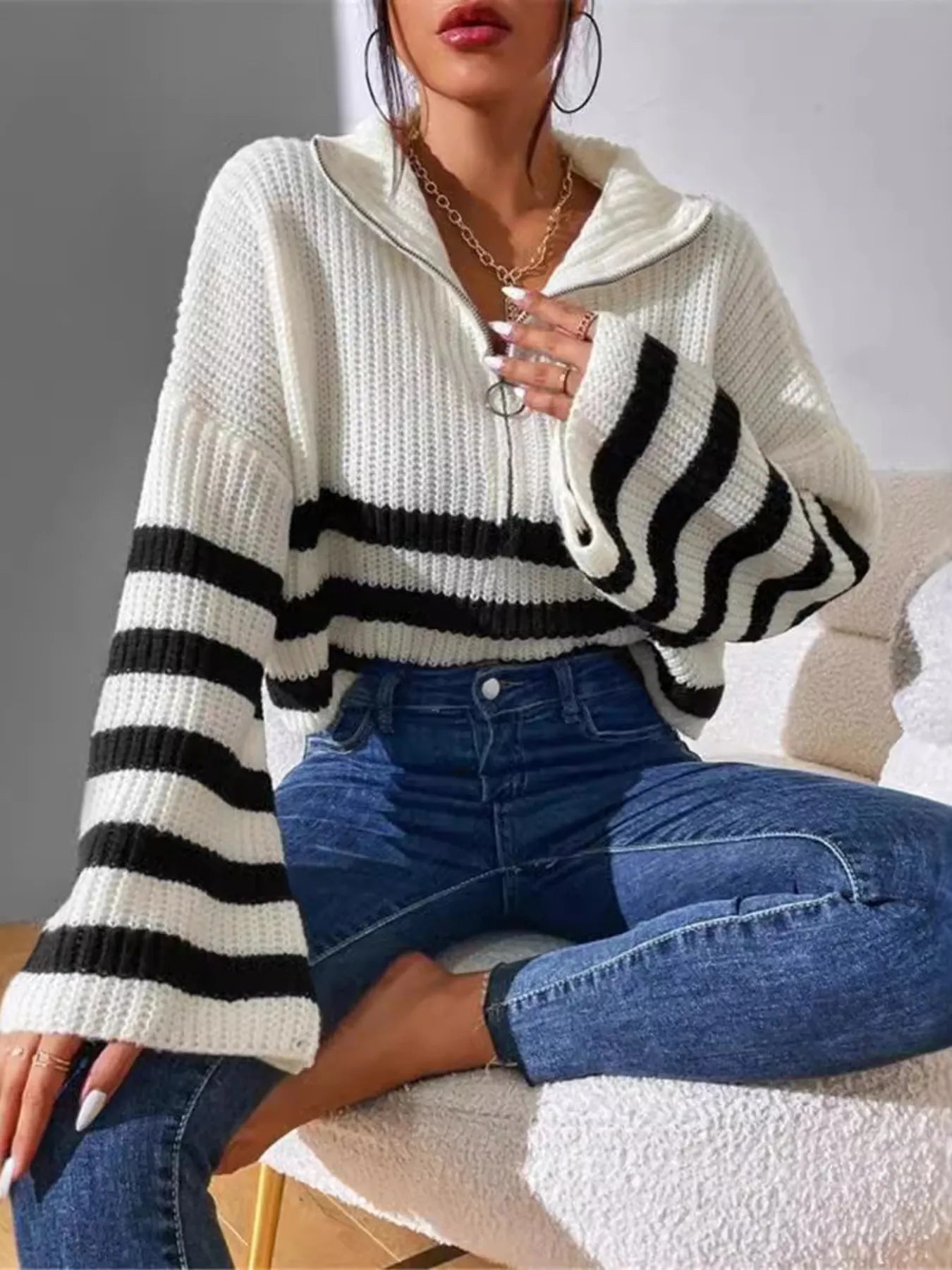 Striped Half Zip Cropped Sweater OutfitFlow