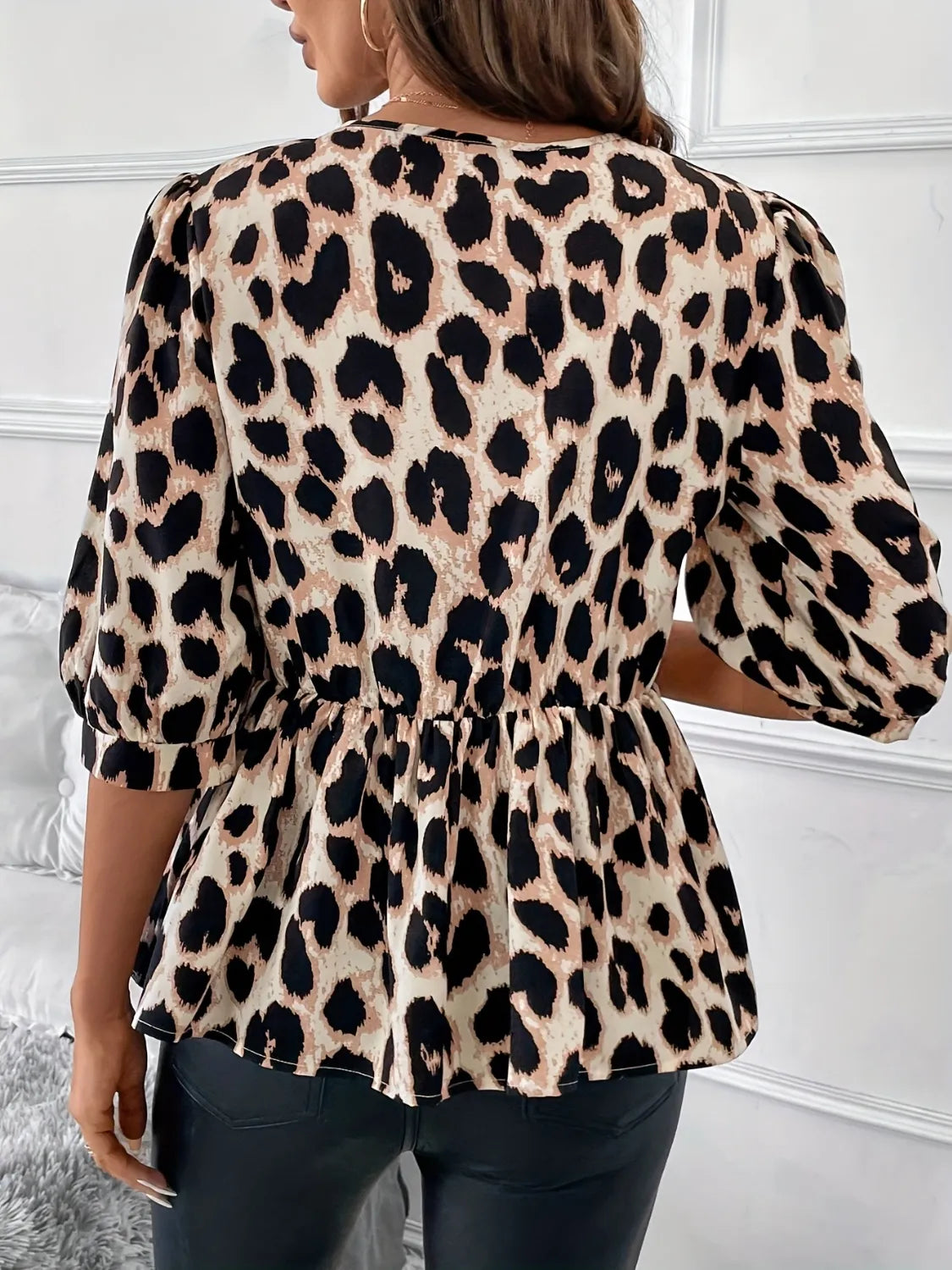 Tied Leopard Round Neck Half Sleeve Blouse OutfitFlow