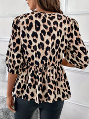 Tied Leopard Round Neck Half Sleeve Blouse OutfitFlow