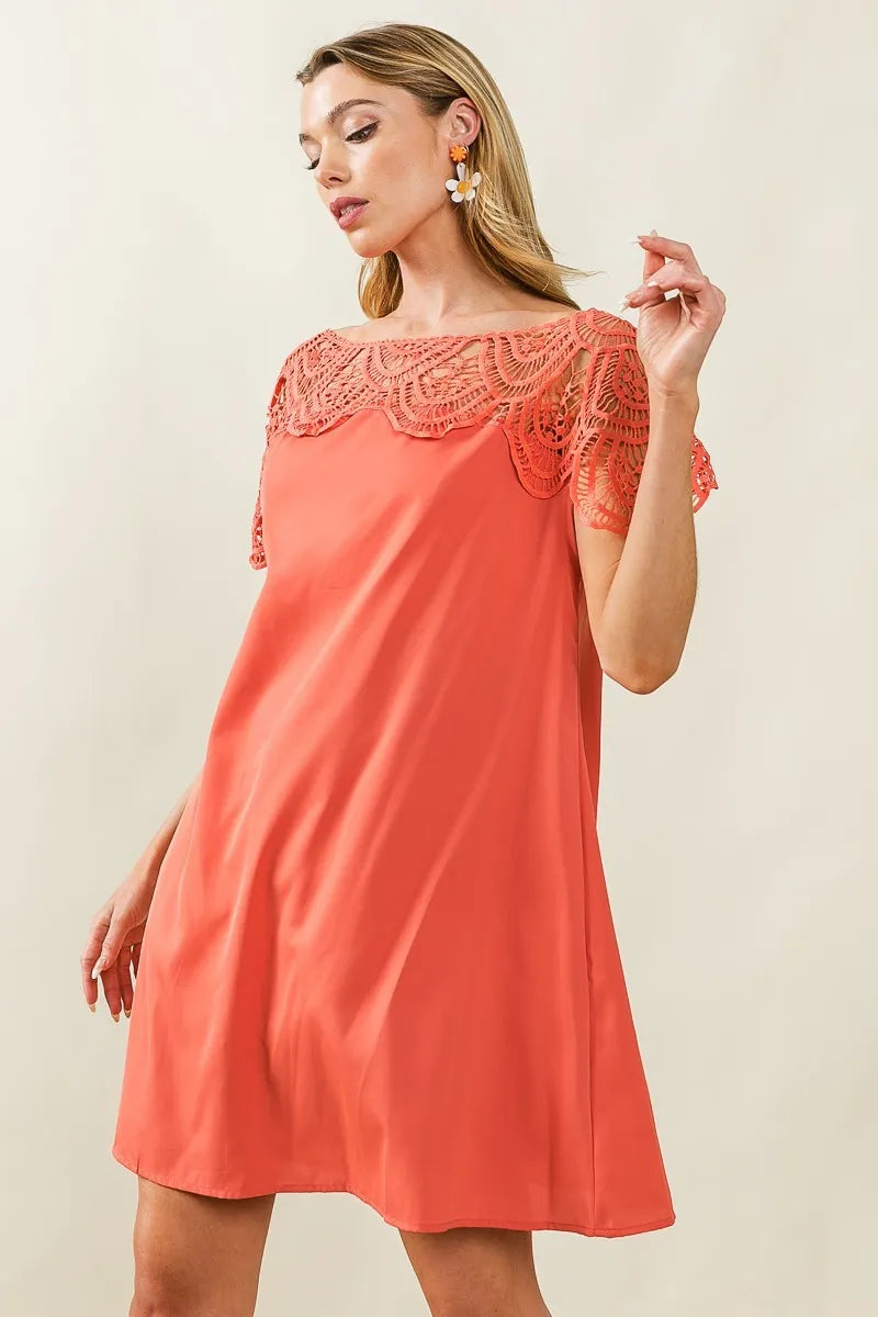 BiBi Crochet Lace Yoke Detailed Wrinkled Dress OutfitFlow