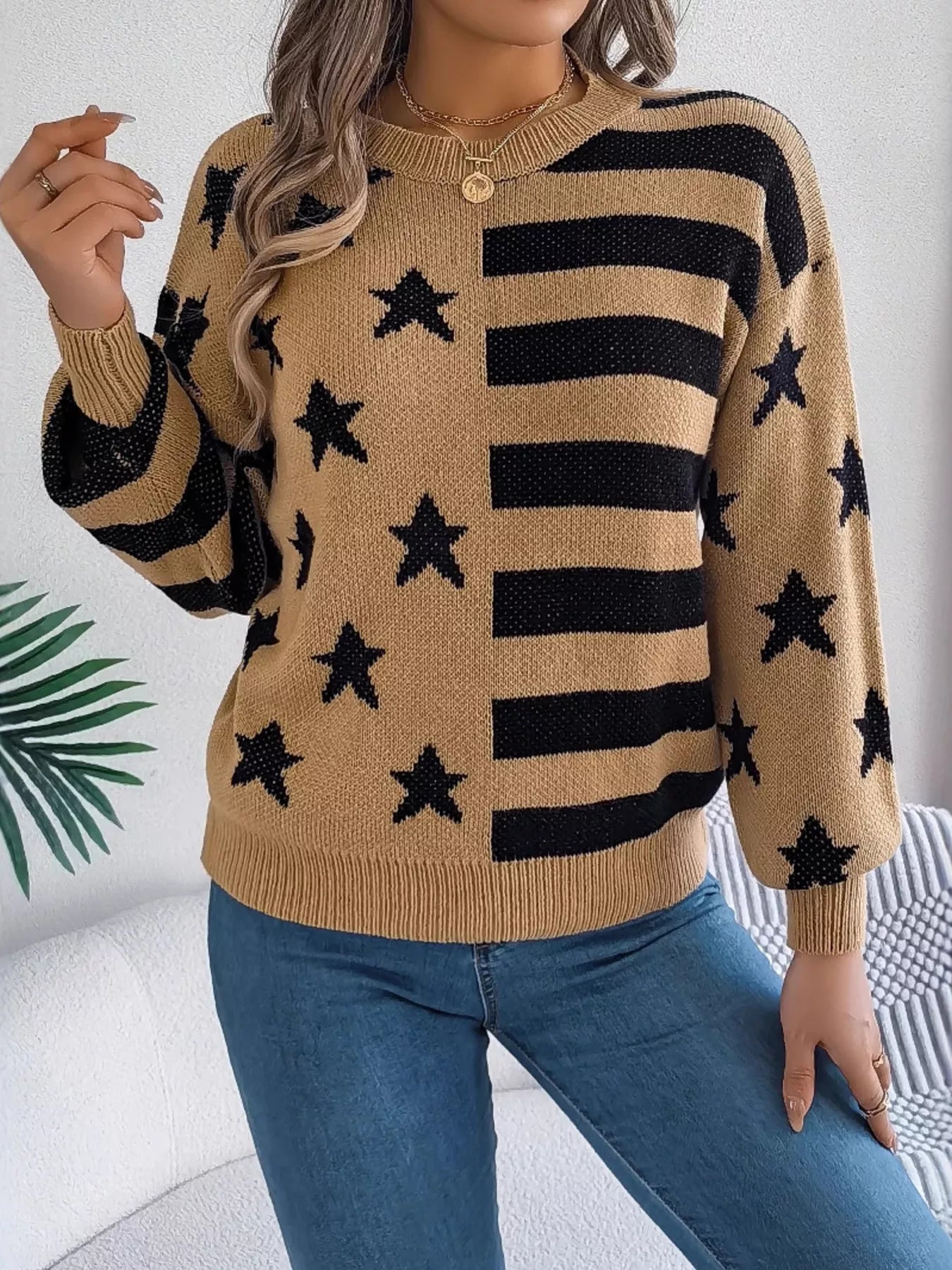 Stars and Stripes Pattern Casual Round Neck Sweater OutfitFlow
