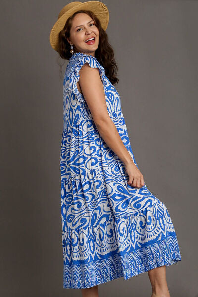 Umgee Full Size Two Tone Border Print Ruffle Cap Sleeve Midi Dress Plus Size OutfitFlow
