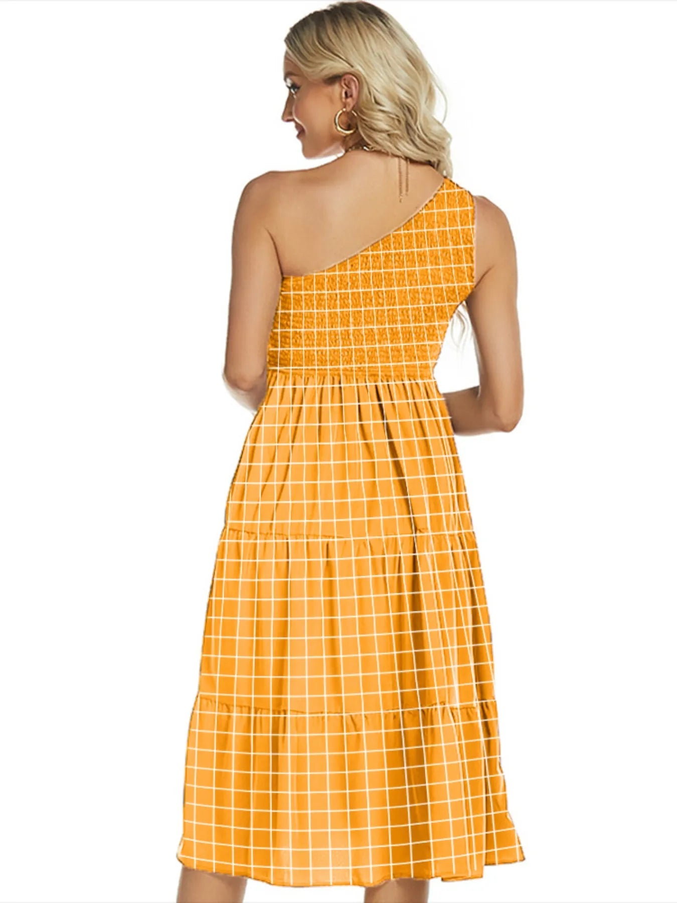 One-Shoulder Tiered Midi Dress with Smocked Bodice OutfitFlow