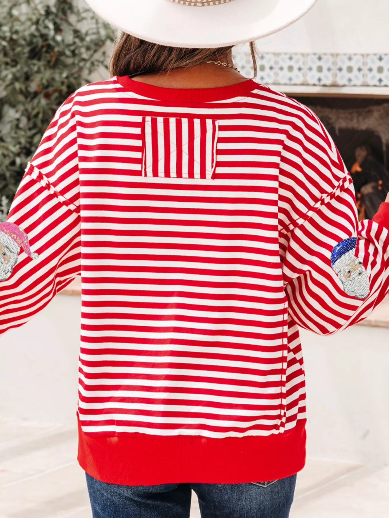 Stripe Sequin Santa Round Neck Raw Seam Detail Christmas Long Sleeve Top OutfitFlow