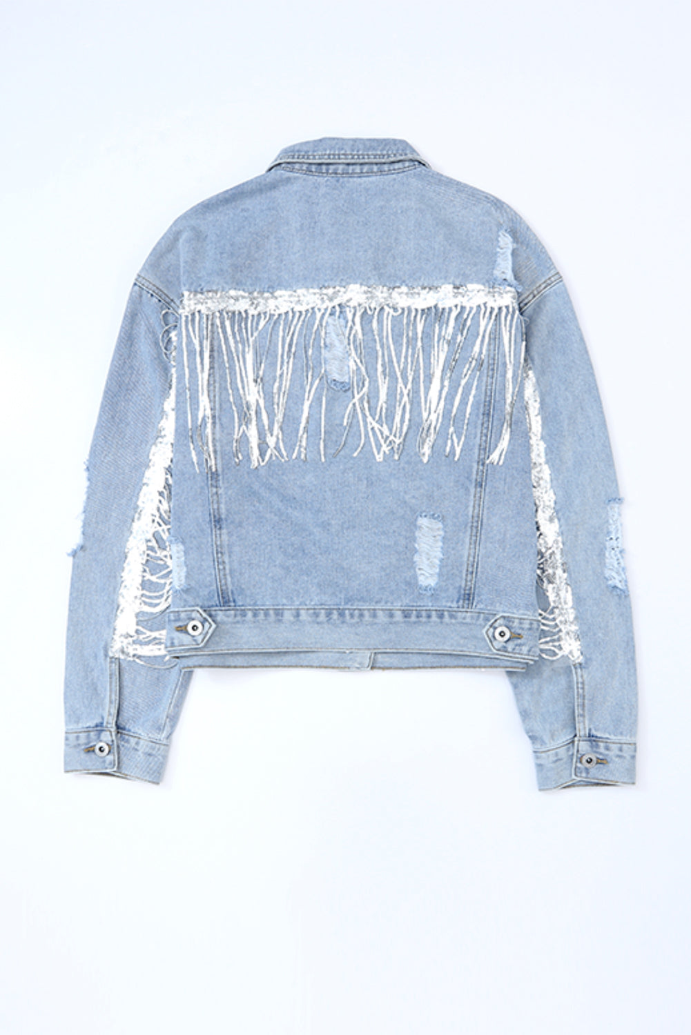 Outfit Flow - Sequin Fringe Trim Distressed Button Up Denim Jacket