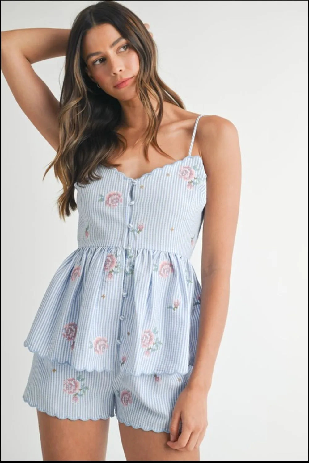 MABLE Stripe Embroidered Peplum Cami and Shorts Set OutfitFlow
