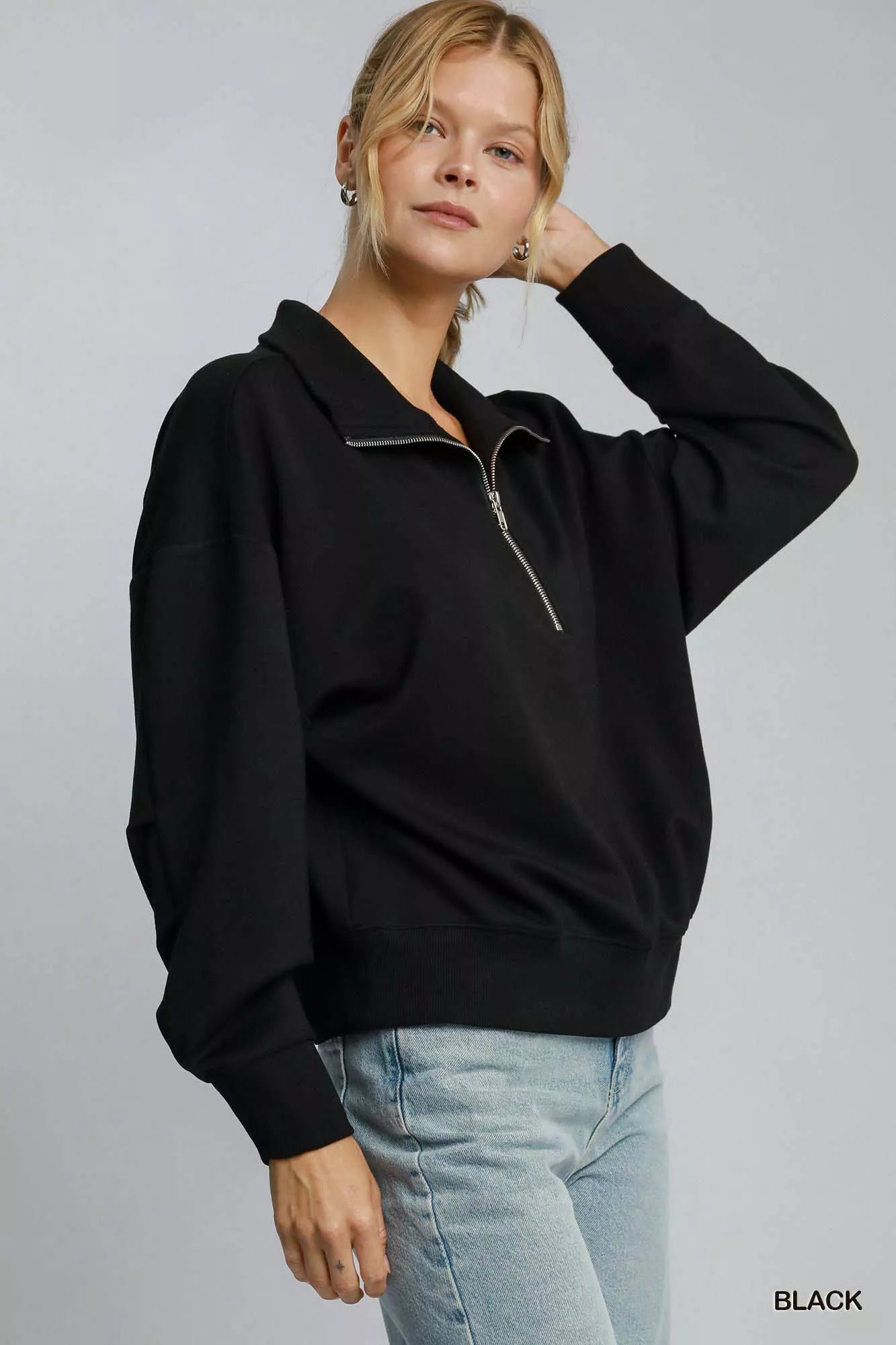 Umgee Half Zip Drop Shoulder Sweatshirt OutfitFlow