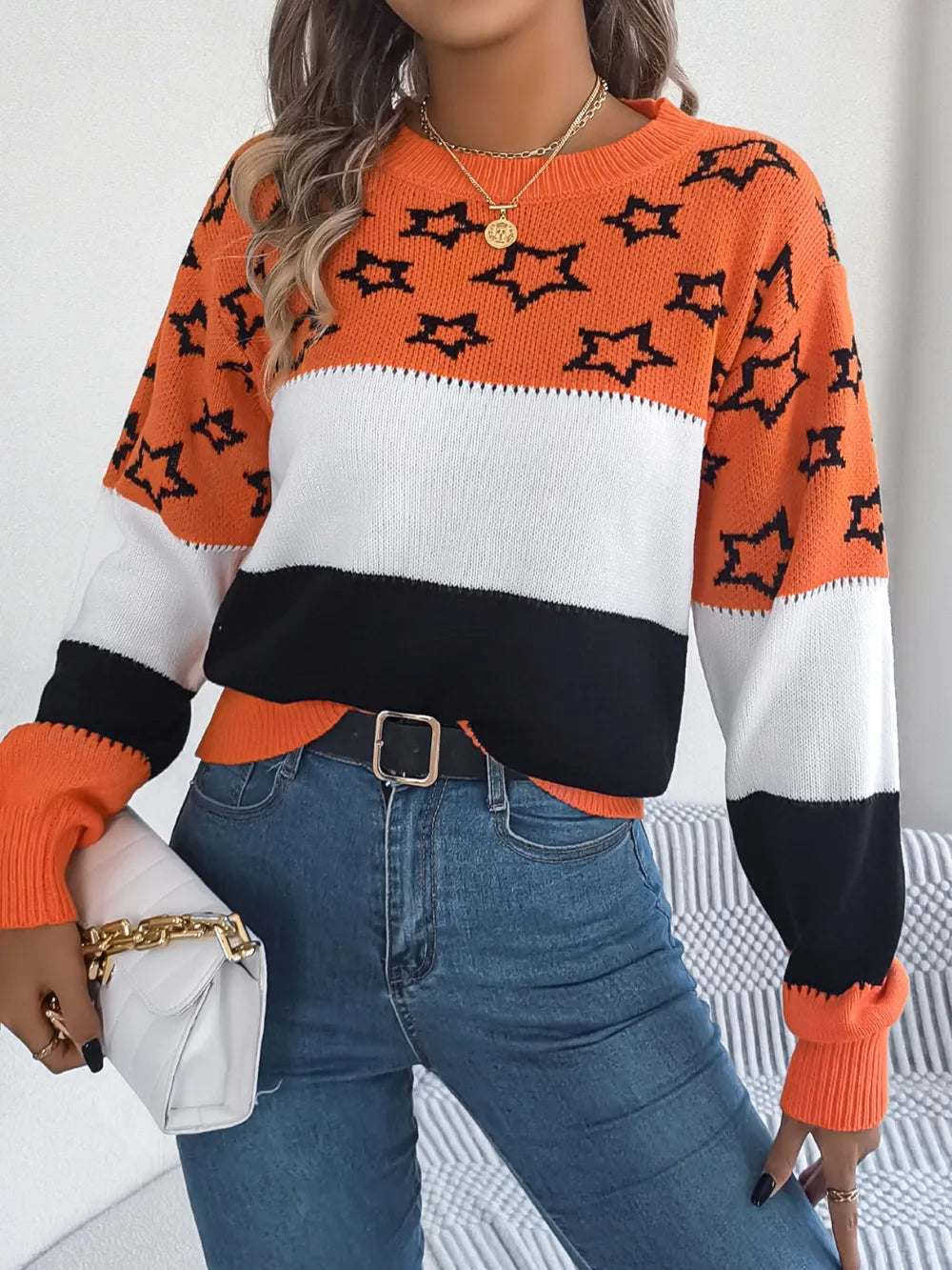 Star Contrast Round Neck Sweater OutfitFlow