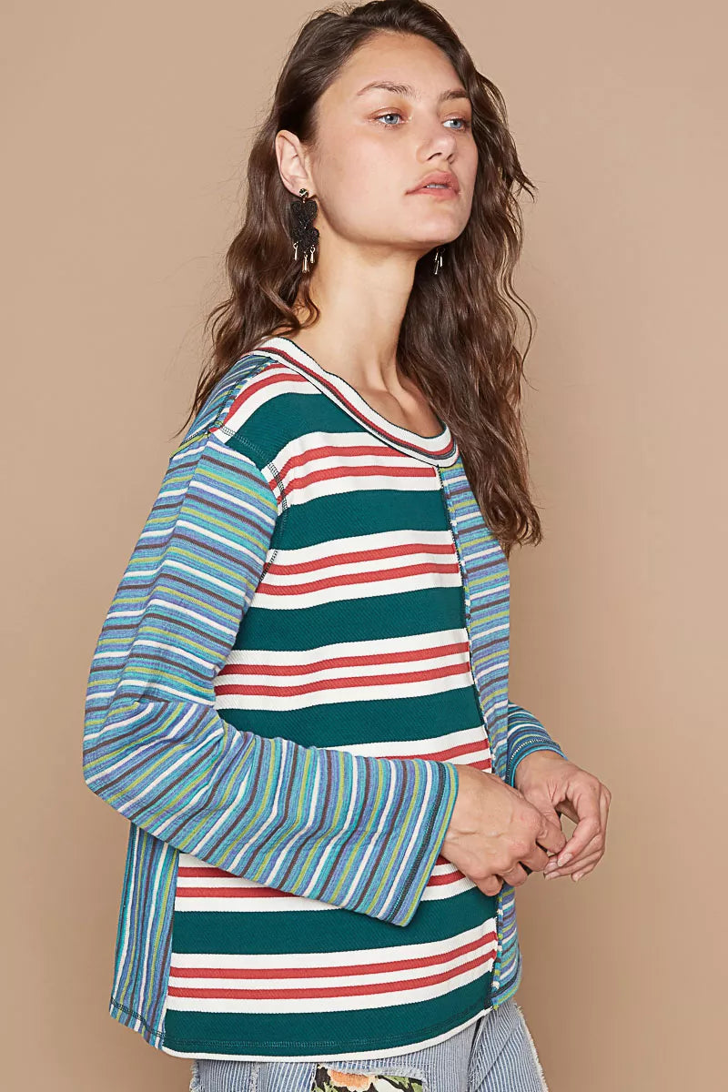 POL Color Block Striped Round Neck Long Sleeve T-Shirt OutfitFlow