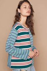 POL Color Block Striped Round Neck Long Sleeve T-Shirt OutfitFlow