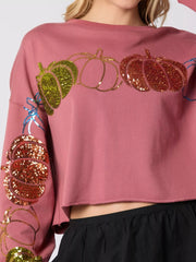 Sequined Pumpkin Halloween Crop Sweatshirt OutfitFlow