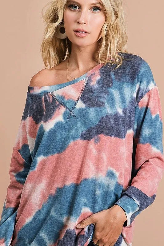 BiBi Tie Dye French Terry Pull Over with Front Stitching Detail OutfitFlow
