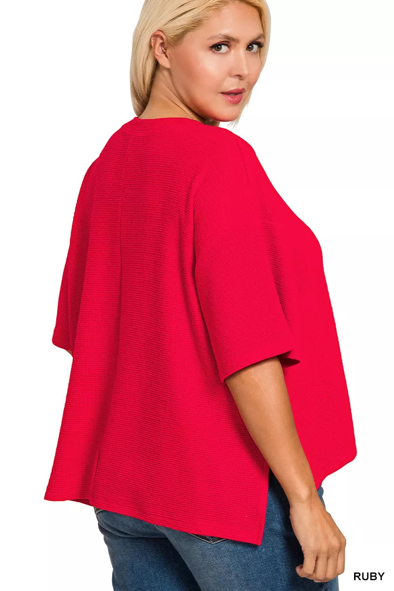 Zenana Full Size Double Knit Side Slits Hi Low Short Sleeve Top Plus Size OutfitFlow