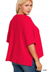 Zenana Full Size Double Knit Side Slits Hi Low Short Sleeve Top Plus Size OutfitFlow