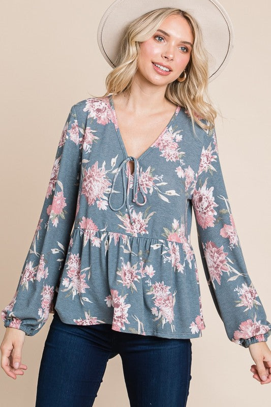 Outfit Flow - Super Lady Full Size Babydoll Floral Long Sleeve Blouse