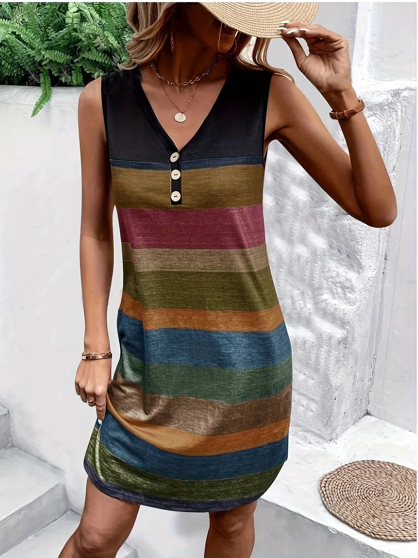 Color Block Sleeveless V-Neck Tank Dress OutfitFlow