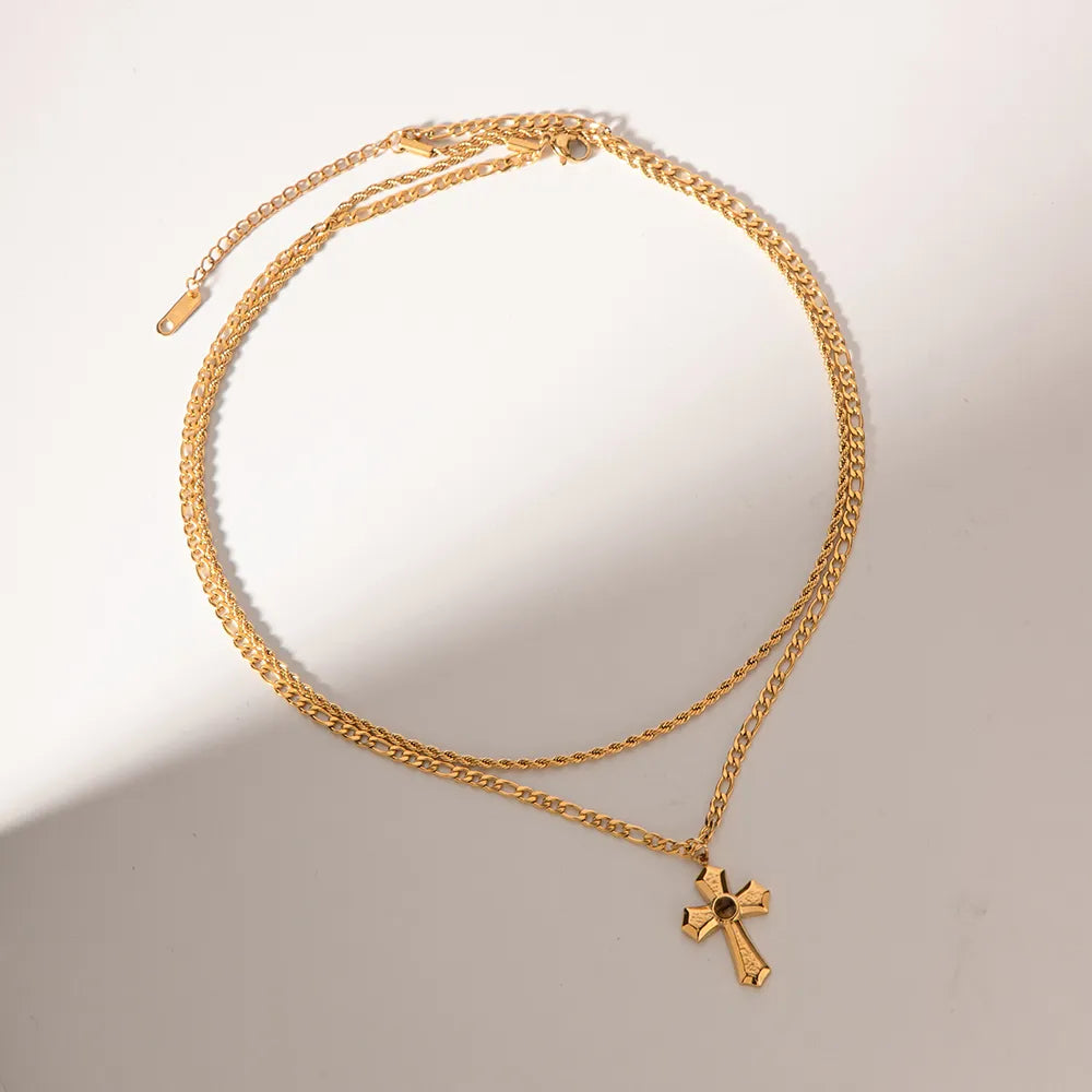 18K Gold-Plated Double Layered Cross Necklace OutfitFlow