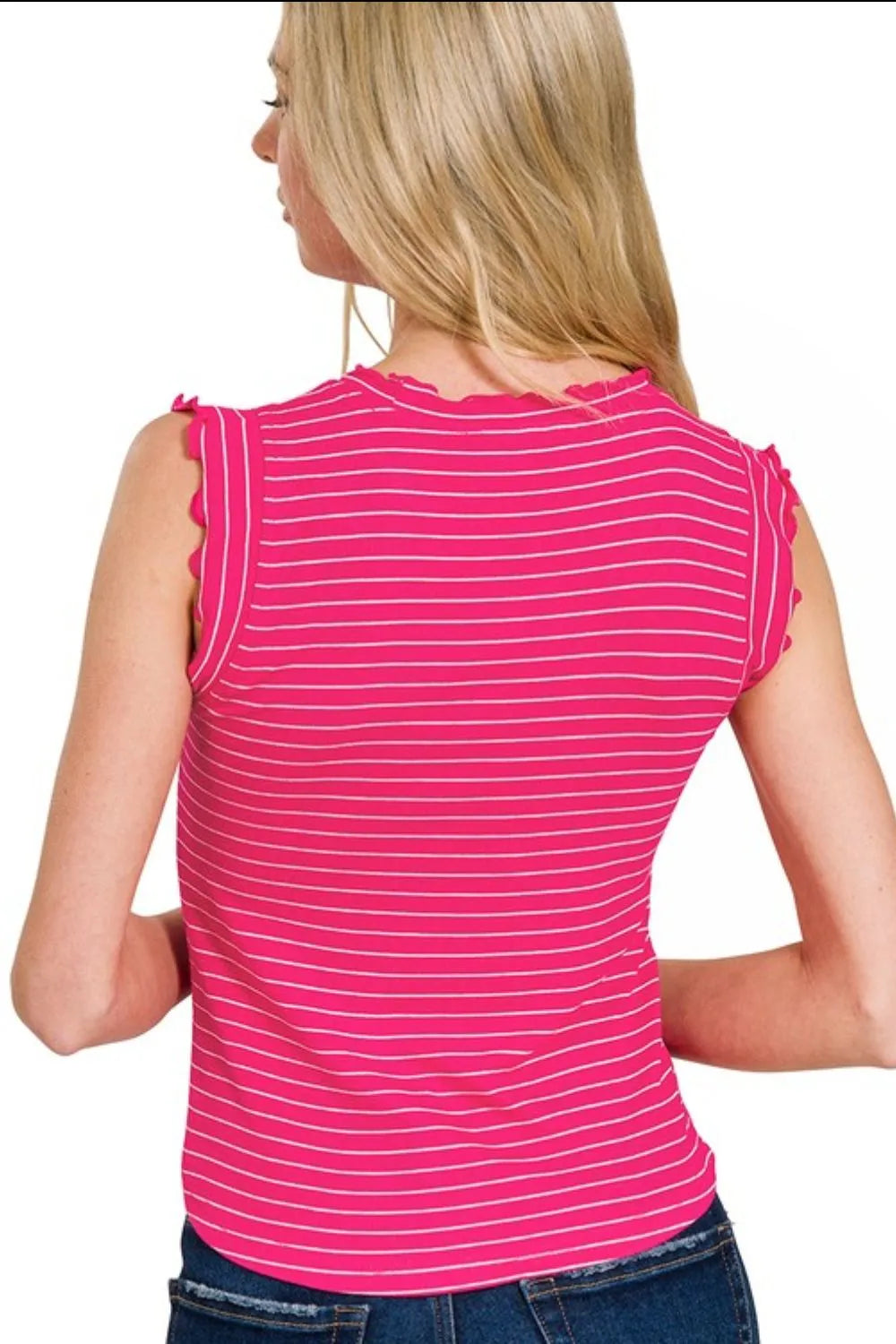 Zenana Ribbed Ruffle Trim Sleeveless Stripe Top OutfitFlow