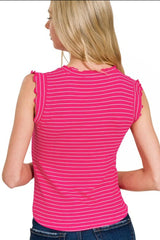 Zenana Ribbed Ruffle Trim Sleeveless Stripe Top OutfitFlow