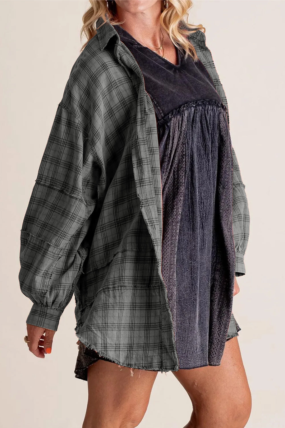 Outfit Flow - Exposed Seam Plaid Collared Neck Long Sleeve Shirt