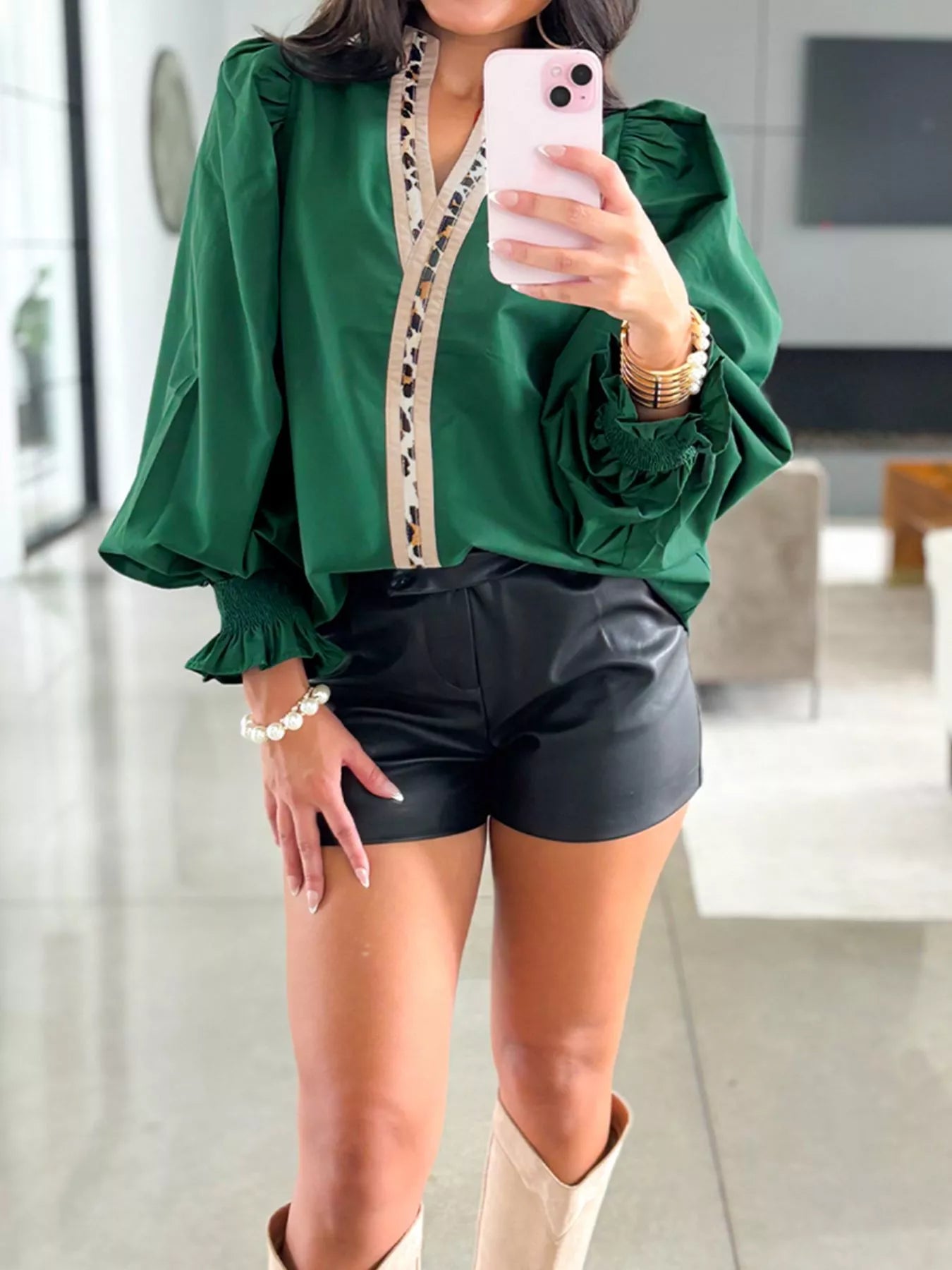 Puffy Flounce Sleeve Leopard Trim V Neck Blouse OutfitFlow