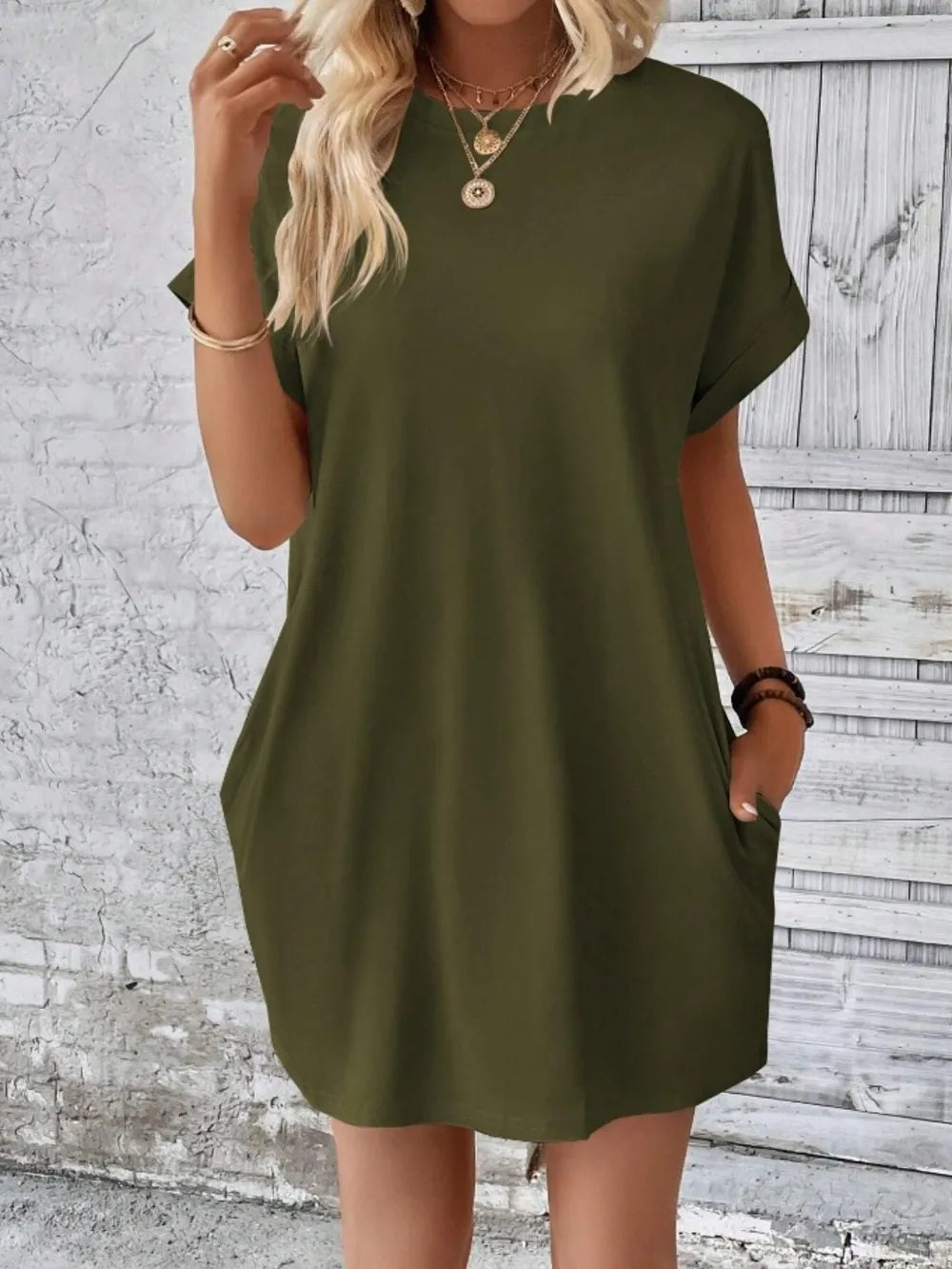 Pocketed Round Neck Short Sleeve Dress Army Green OutfitFlow