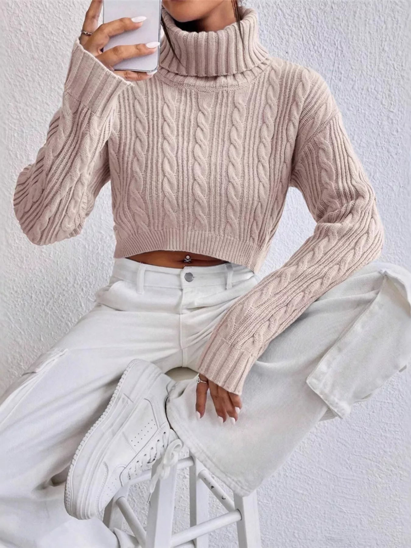 Cable-Knit Turtleneck Long Sleeve Sweater OutfitFlow