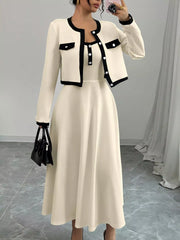 Contrast Trim Maxi Dress and Cropped Cardigan Set OutfitFlow