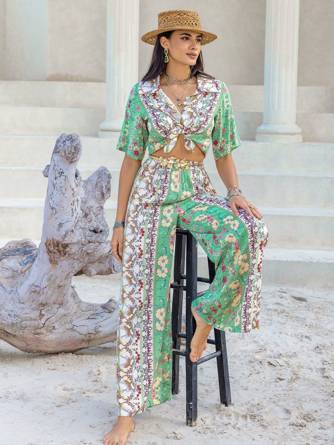 Outfit Flow - Printed Half Sleeve Top and Wide Leg Pants Set