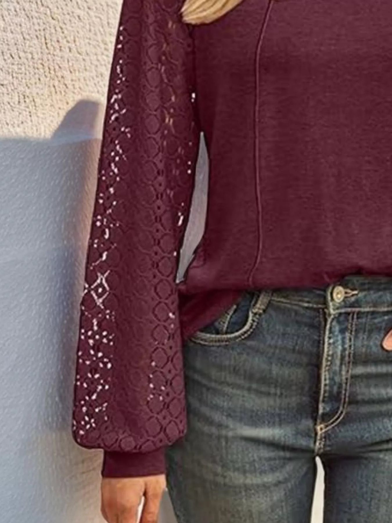 Round Neck Lace Sleeve Blouse OutfitFlow