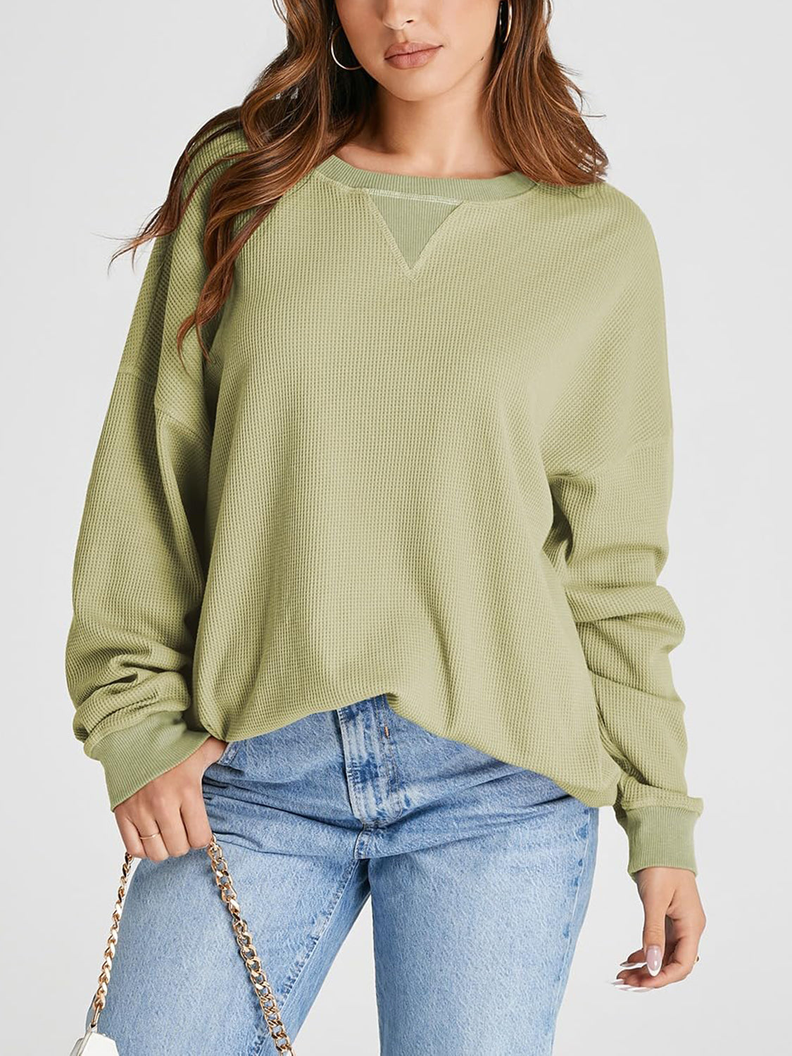 Outfit Flow - Waffle Knit Round Neck Long Sleeve T-Shirt