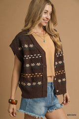 Umgee Button-Down Knit Vest with Floral Pattern OutfitFlow