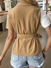 Two-Tone Short Sleeve Blouse with Tie Waist OutfitFlow
