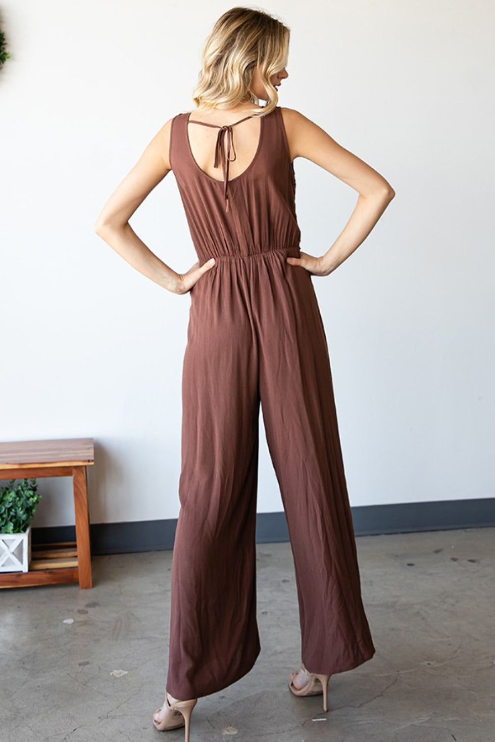 Outfit Flow - First Love Tie Back Sleeveless Slit Wide Leg Jumpsuit