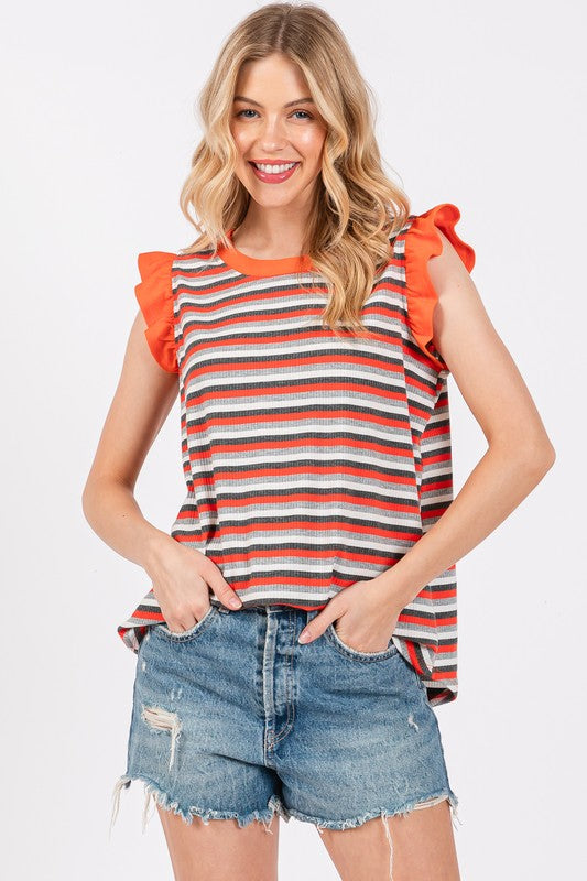 Ces Femme Striped Round Neck Ruffled Cap Sleeve Top