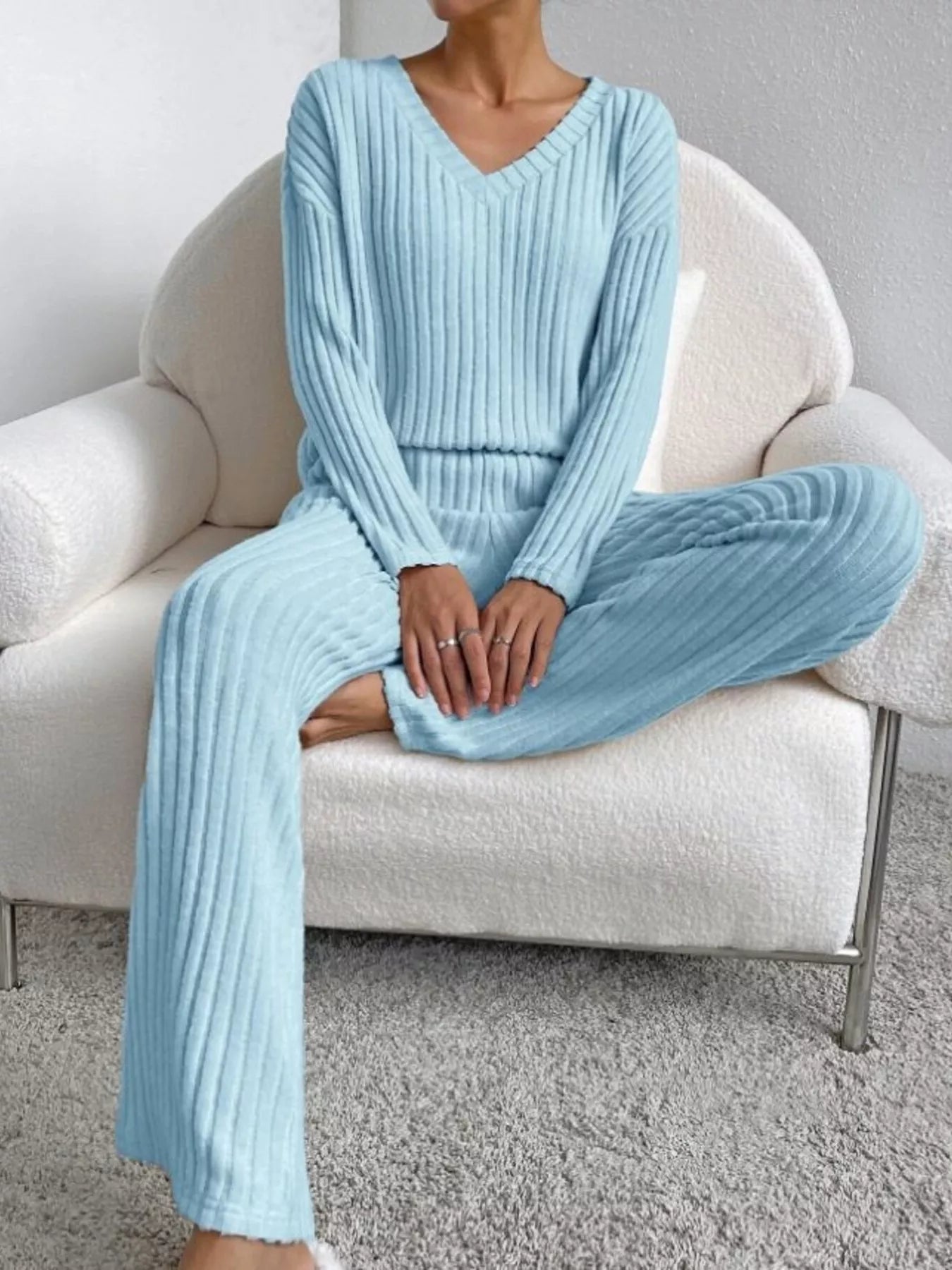 Ribbed Knit V-Neck Top and Pants Set Blue OutfitFlow