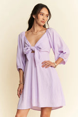 Davi & Dani Self-Tie Puff Sleeve Smocking Open Back Mini Dress OutfitFlow