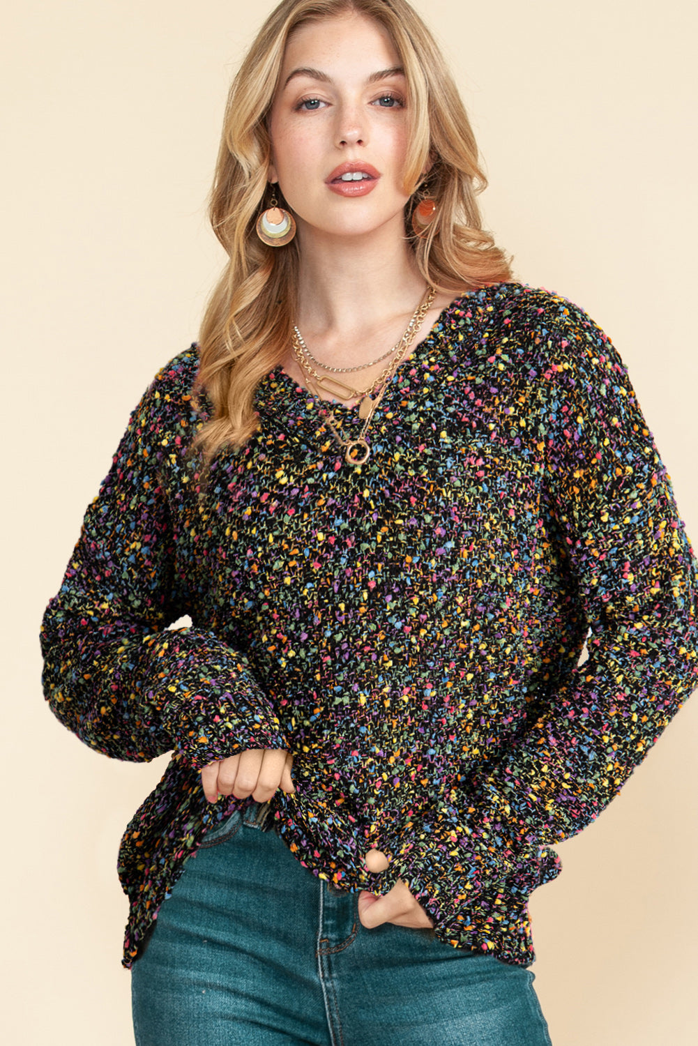 Outfit Flow - Confetti V-Neck Long Sleeve Sweater