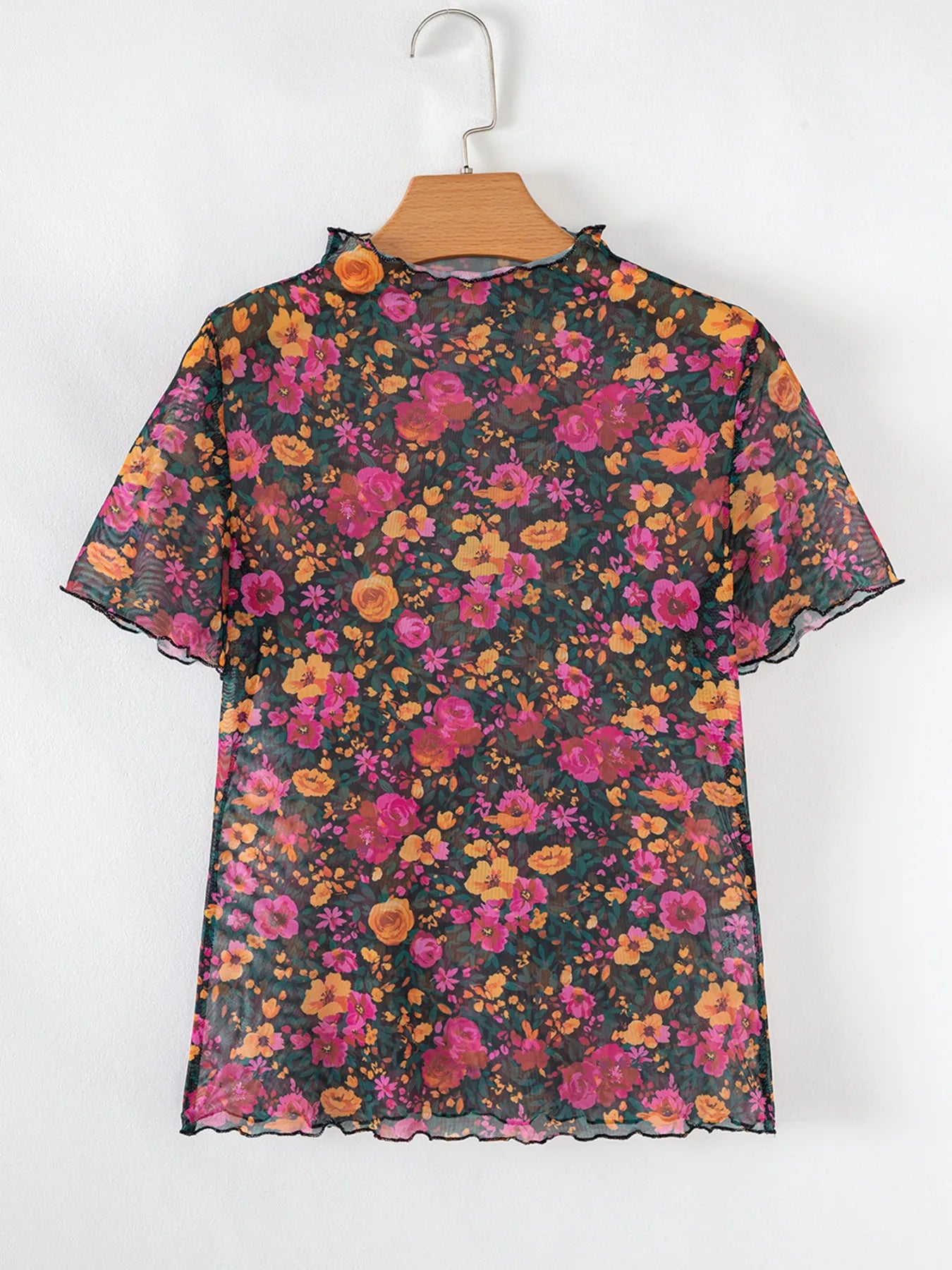 Floral Print Mock Neck Short Sleeve Top OutfitFlow