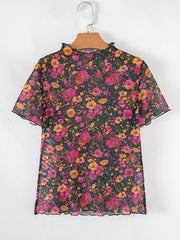 Floral Print Mock Neck Short Sleeve Top OutfitFlow