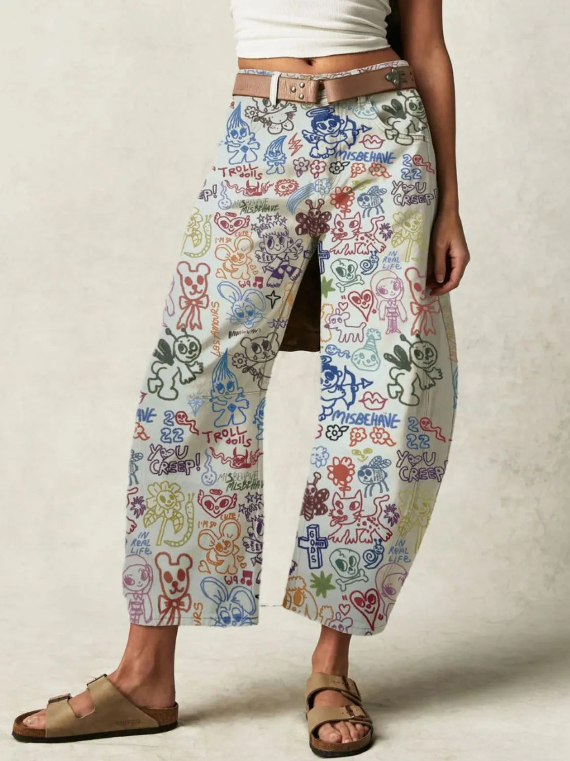 Printed Wide Leg Jeans Light Blue OutfitFlow