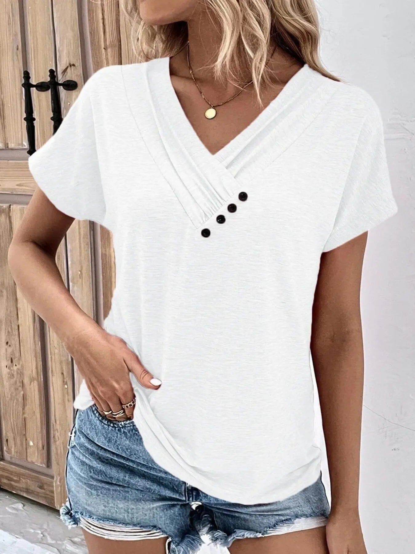 Decor Button Short Sleeve T-Shirt White OutfitFlow