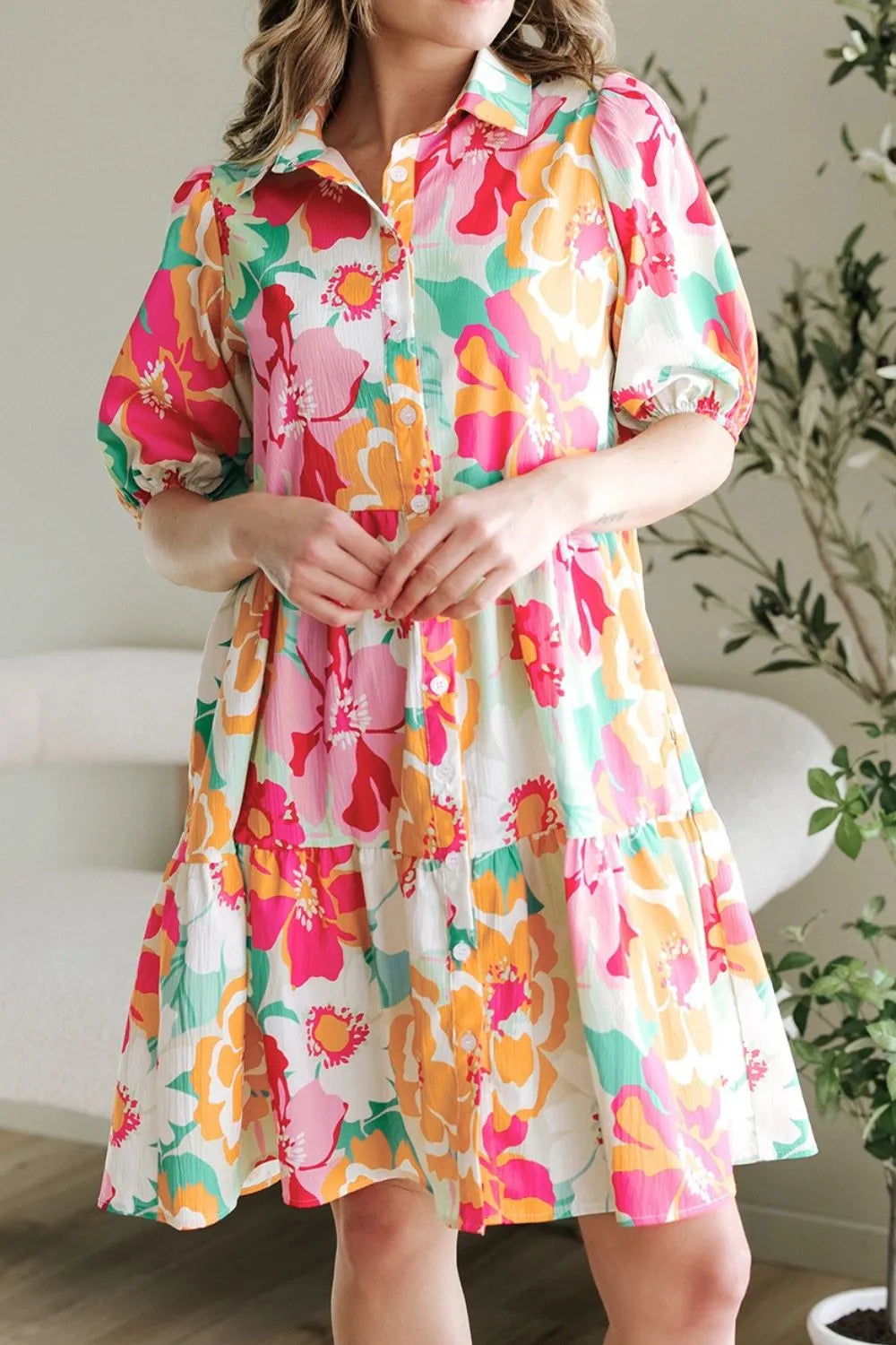 Button Down Floral Puff Sleeve Babydoll Dress OutfitFlow