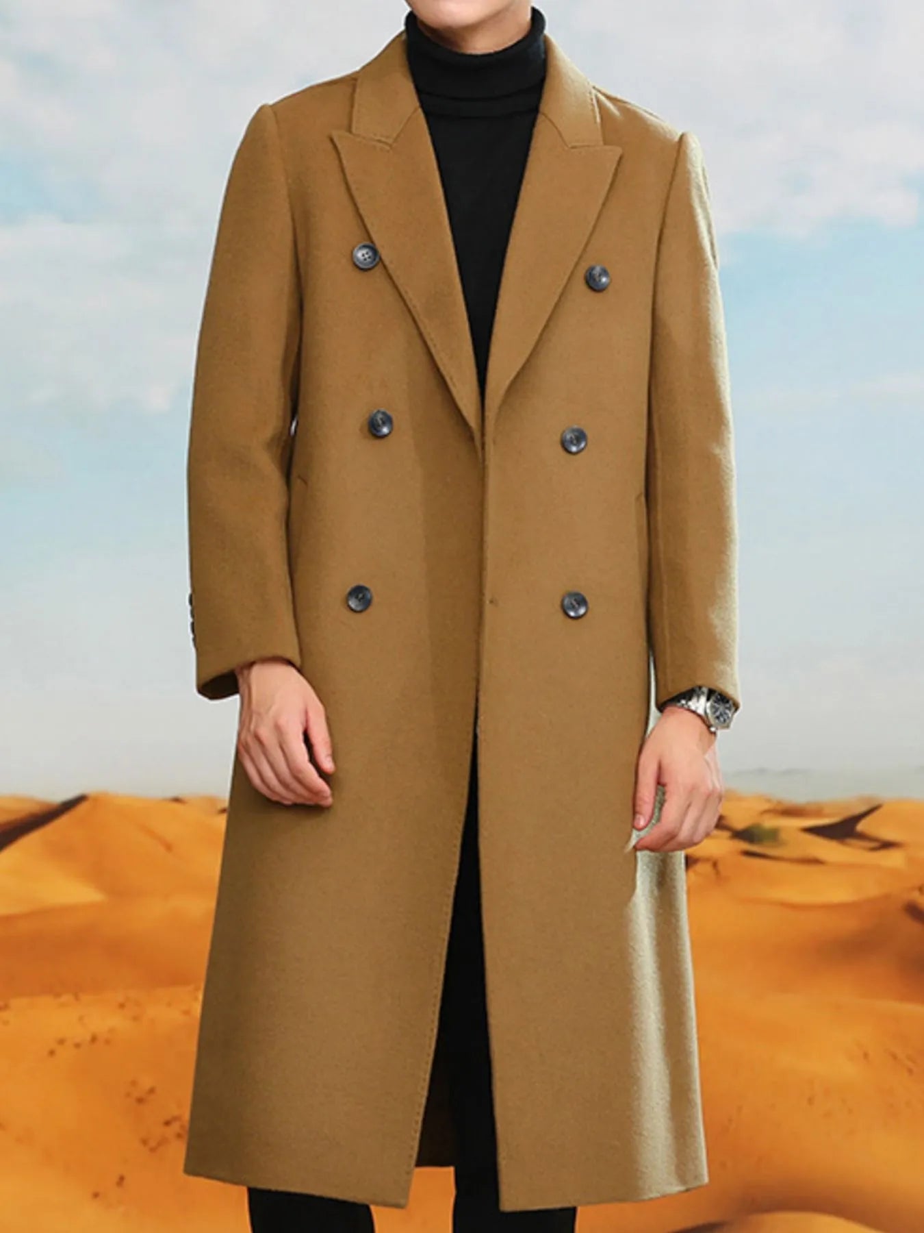 Men's Plus Size Double-Breasted Longline Coat Camel OutfitFlow