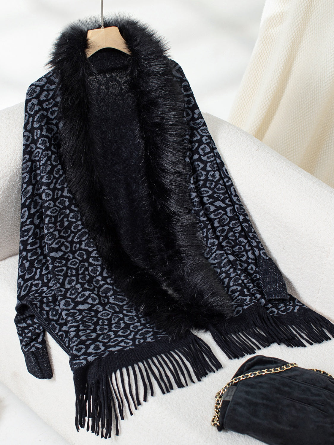 Outfit Flow - Fringe Leopard Open Front Long Sleeve Poncho