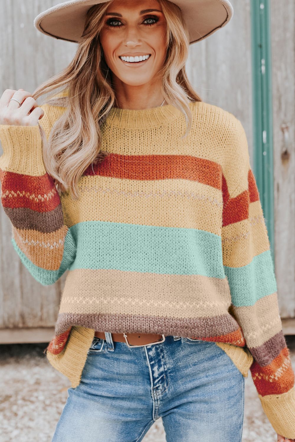 Outfit Flow - Color Block Round Neck Dropped Shoulder Sweater